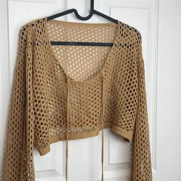 Crochet Mesh Cropped Sweater L Open Weave Festival Boho Beach Cover Up Top Y2K - Picture 3 of 8